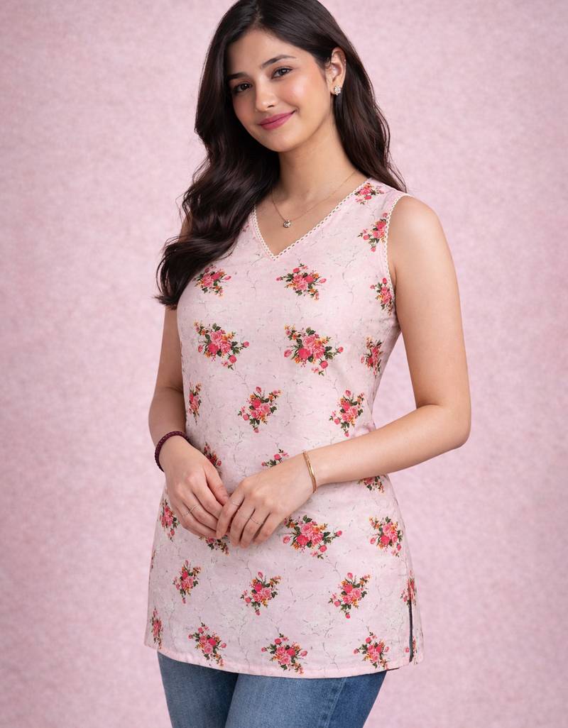 womens pink floral digital print rayon slub sleeveless straight kurta