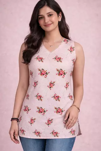 womens pink floral digital print rayon slub sleeveless straight kurta