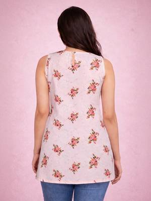 womens pink floral digital print rayon slub sleeveless straight kurta 4