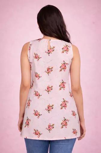 womens pink floral digital print rayon slub sleeveless straight kurta