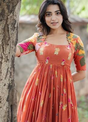 Orange floral printed cotton ethnic gathered midi dress for women 3