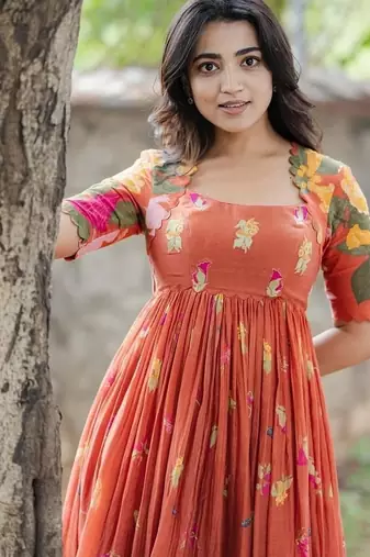 Orange floral printed cotton ethnic gathered midi dress for women