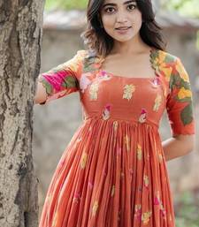 Orange floral printed cotton ethnic gathered midi dress for women