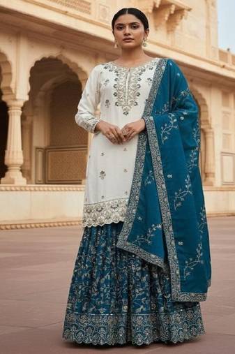 white & teal designer sharara suit