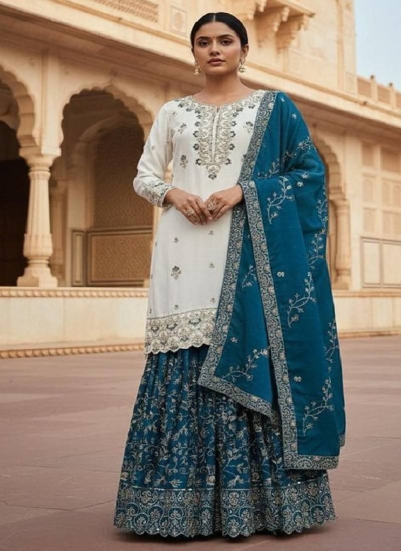 white & teal designer sharara suit