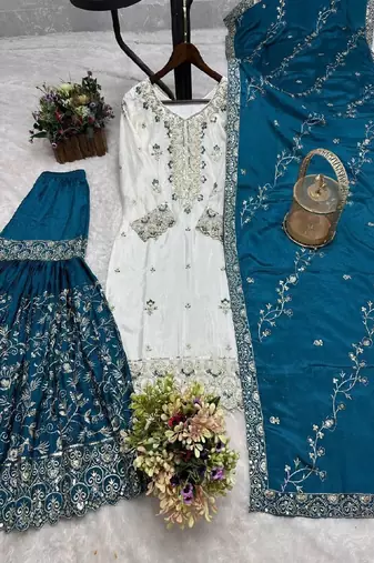 white & teal designer sharara suit