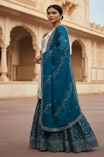 white & teal designer sharara suit