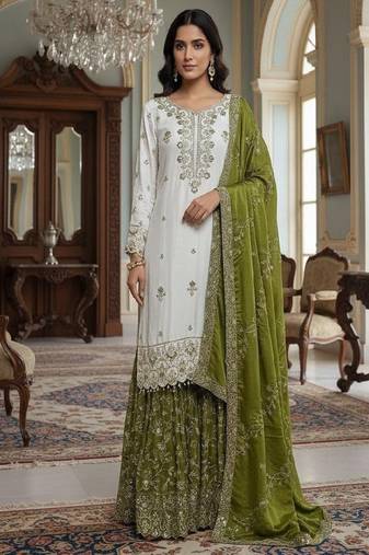white & olive green sharara suit