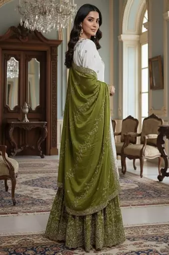 white & olive green sharara suit