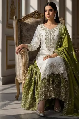 white & olive green sharara suit
