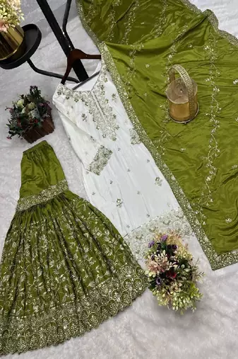 white & olive green sharara suit