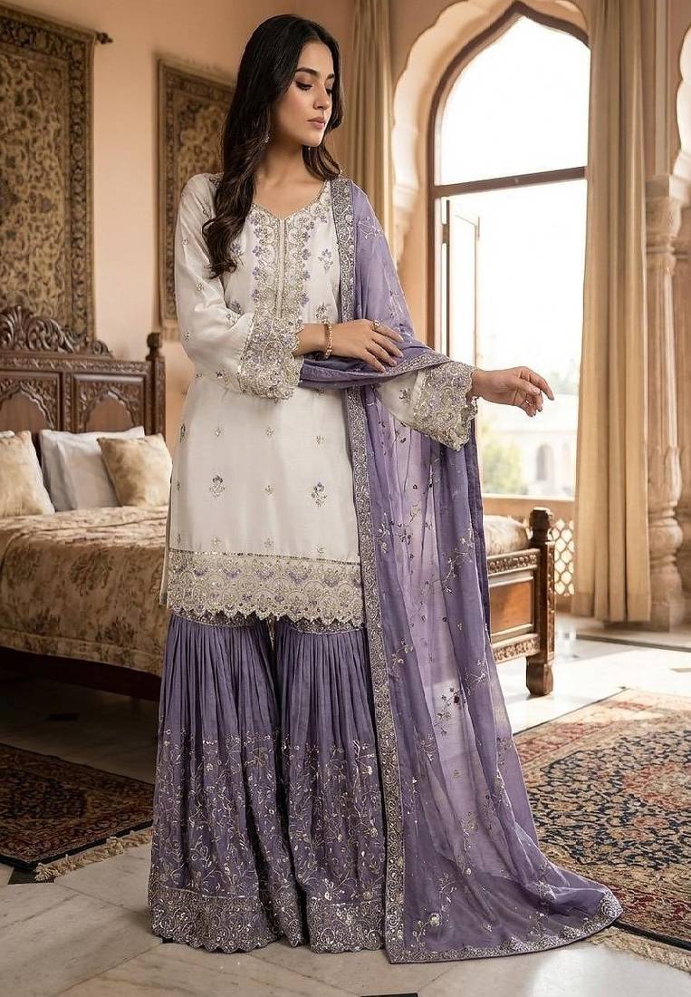 white & lavender ethnic sharara set