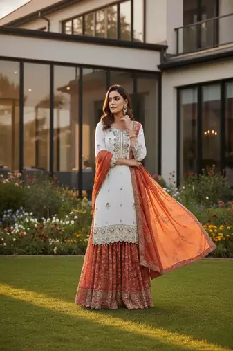 white & orange sharara suit