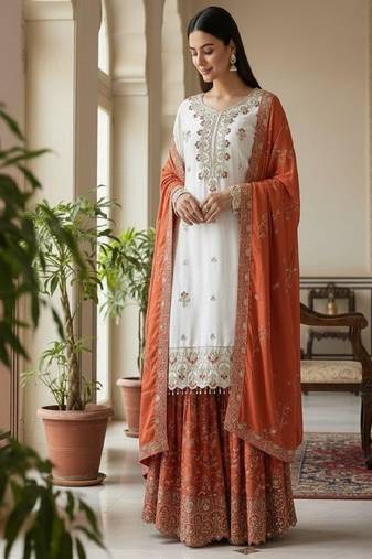 white & orange sharara suit