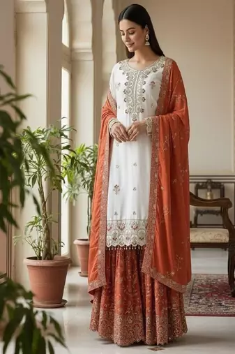 white & orange sharara suit