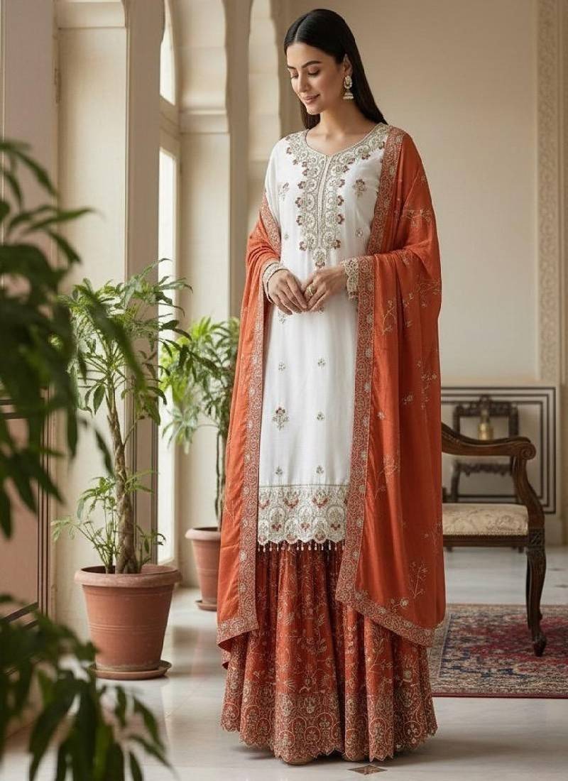 white & orange sharara suit