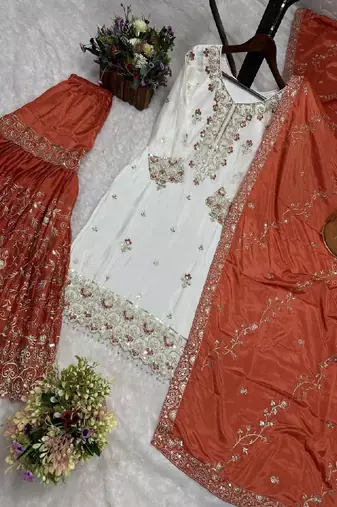 white & orange sharara suit