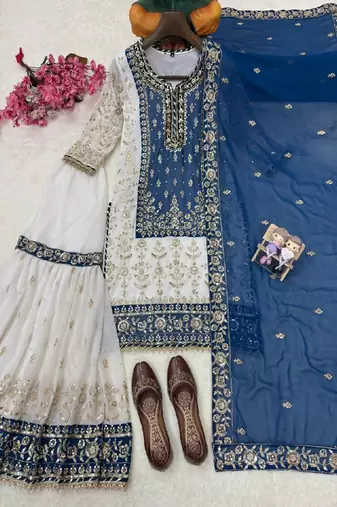 blue & ivory embroidered designer suit
