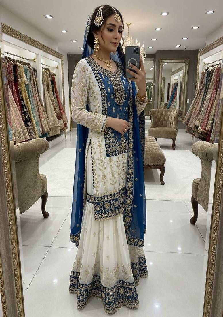 blue & ivory embroidered designer suit