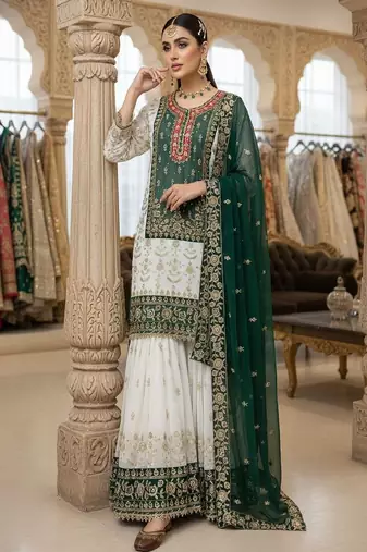 green & ivory embroidered designer suit