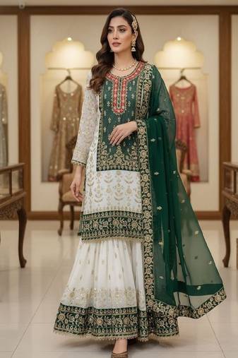 green & ivory embroidered designer suit