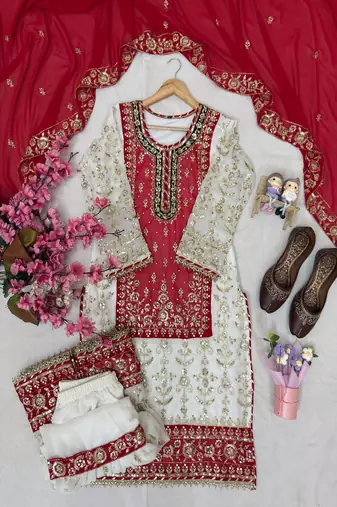 red & ivory embroidered designer suit