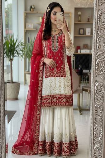 red & ivory embroidered designer suit