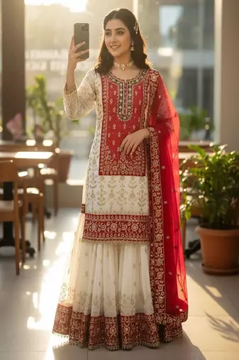 red & ivory embroidered designer suit