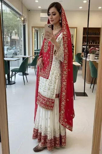 red & ivory embroidered designer suit