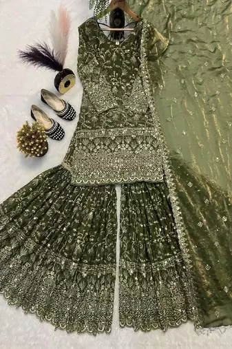 green embroidered sharara suit