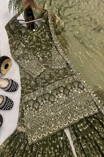 green embroidered sharara suit
