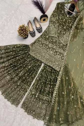 green embroidered sharara suit
