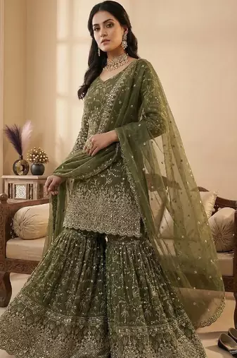 green embroidered sharara suit