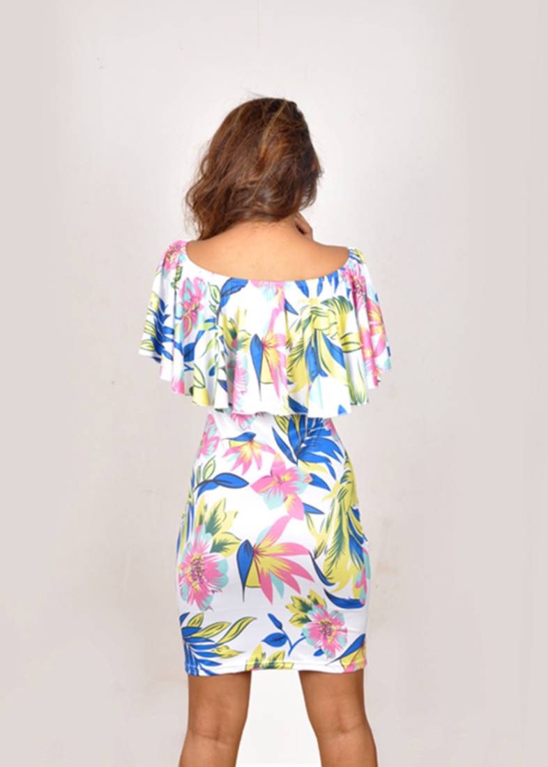 Tropical Pattern Frill Top Bodycon Print Dress - Raha Fashion Hub