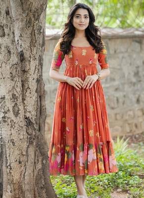 Orange floral printed cotton ethnic gathered midi dress for women 1