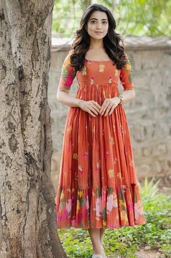 Orange floral printed cotton ethnic gathered midi dress for women