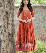 Orange floral printed cotton ethnic gathered midi dress for women