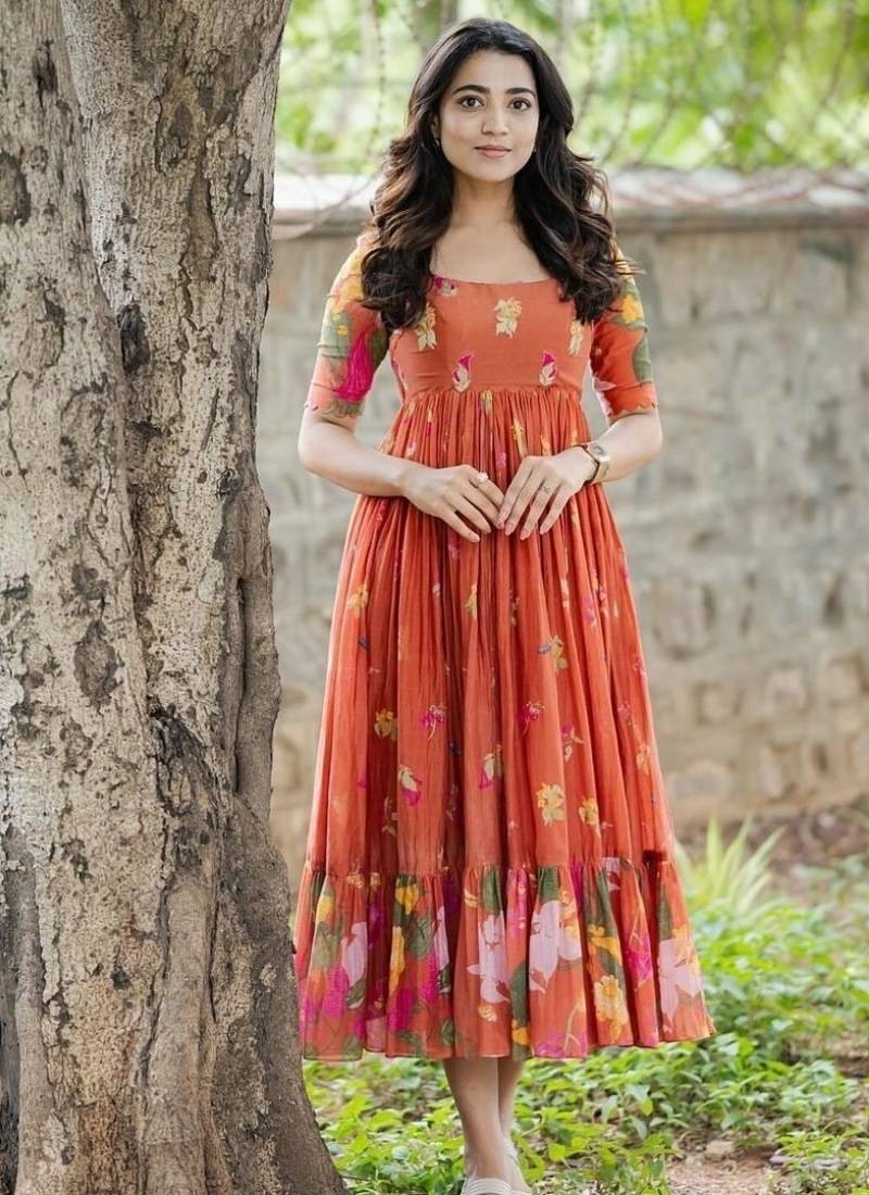 Orange floral printed cotton ethnic gathered midi dress for women