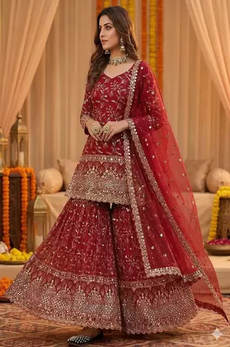 red embroidered sharara set