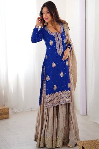 royal blue & beige designer sharara suit