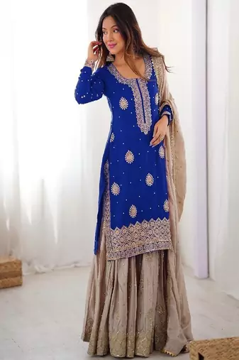 royal blue & beige designer sharara suit