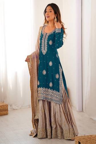 teal & beige designer sharara suit