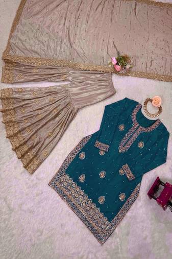 teal & beige designer sharara suit