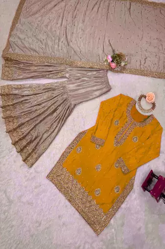 yellow & beige designer sharara suit