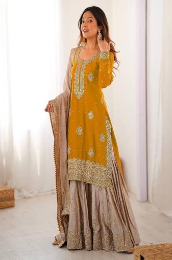 yellow & beige designer sharara suit