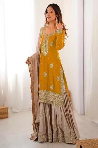 yellow & beige designer sharara suit