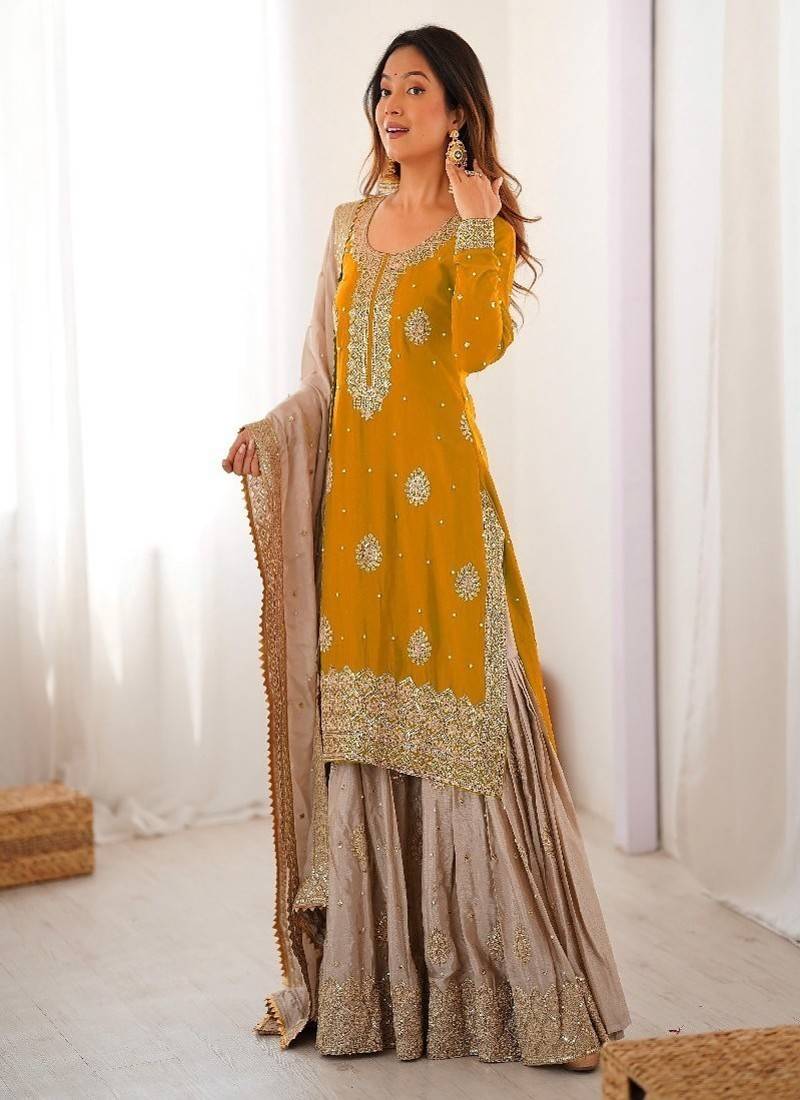 yellow & beige designer sharara suit