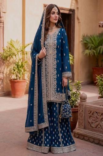 Blue embroidered sharara suit