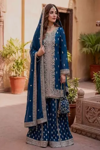 Blue embroidered sharara suit