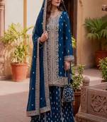 Blue embroidered sharara suit